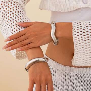 Gold Bangle Bracelets for Women Silver Wide Chunky Cuff Bracelets Trendy Hinged Cuff Open Wide Chunky Bracelet Irregular Minimalist Cuff Jewelry