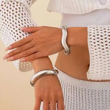 Gold Bangle Bracelets for Women Silver Wide Chunky Cuff Bracelets Trendy Hinged Cuff Open Wide Chunky Bracelet Irregular Minimalist Cuff Jewelry