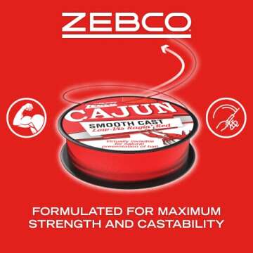 Zebco Cajun Smooth Cast Monofilament Fishing Line, Low-Vis Ragin’ Red Quarter Pound Spool, 1,450-Y...