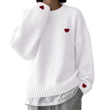 Women's Heart Print Pullover Sweaters 2024 Winter Outfits Round Neck Long Sleeve Casual Trendy Tops ...
