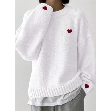 Women's Heart Print Pullover Sweaters 2024 Winter Outfits Round Neck Long Sleeve Casual Trendy Tops White