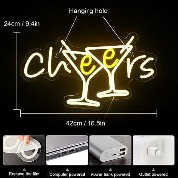 WX&YH Cheers Neon Sign - Cocktails Bar Led Sign 10 Dimmable Cheers Neon Signs for Wall Decor, Cockta...