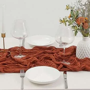 DOLOPL Thanksgiving Table Runner Fall Cheesecloth Table Runner 13.3ft Rust Gauze Cheese Cloth Runner Rustic Runner 160inch Long for Thanksgiving Wedding Bridal Baby Shower Table Decorations