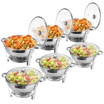 BriSunshine Chafing Dish Buffet Set 6 Packs, 5 QT Stainless Steel Round Chafing Dishes with Glass Li...