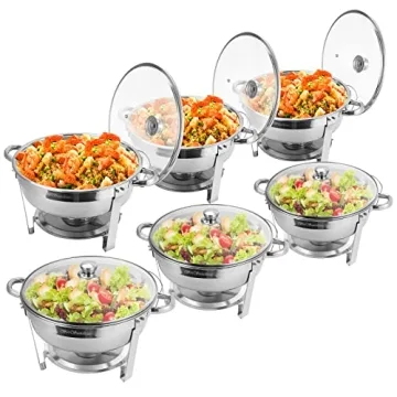 BriSunshine Chafing Dish Buffet Set 6 Packs, 5 QT Stainless Steel Round Chafing Dishes with Glass Li...