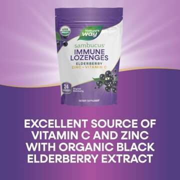 Nature’s Way Sambucus Organic Zinc Lozenges, Elderberry and Zinc Lozenges with Vitamin C, Certified Organic, 24 Lozenges