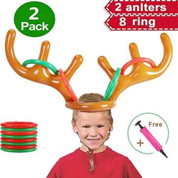 2PCS Christmas Party Toss Game Inflatable Reindeer Antler Hat with Rings for Kids Adults Family Xmas...