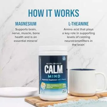 Natural Vitality Calm Mind, Magnesium Citrate + L-Theanine Powder, Supports a Healthy Response to Stress, Gluten Free & Vegetarian, Honey Chamomile, 12 oz.