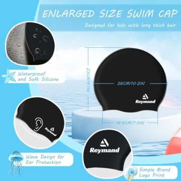 2 Pack Kids Extra Large Swim Cap for Long Thick Hair, Waterproof Silicone Swimming Cap for Toddler C...