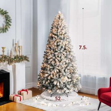 OasisCraft 7.5ft Pre-Lit Snow Flocked Christmas Tree Artificial Christmas Pine Tree for Home, Office, Holiday, Party Decoration w/ 500 Warm White Lights, Metal Hinges & Base