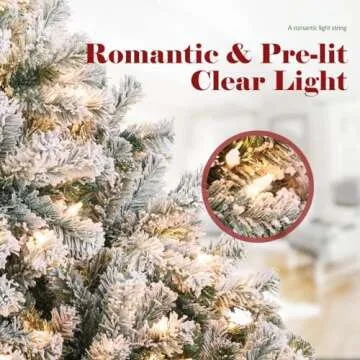 OasisCraft 7.5ft Pre-Lit Snow Flocked Christmas Tree Artificial Christmas Pine Tree for Home, Office, Holiday, Party Decoration w/ 500 Warm White Lights, Metal Hinges & Base