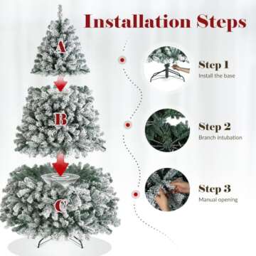 OasisCraft 7.5ft Pre-Lit Snow Flocked Christmas Tree Artificial Christmas Pine Tree for Home, Office, Holiday, Party Decoration w/ 500 Warm White Lights, Metal Hinges & Base