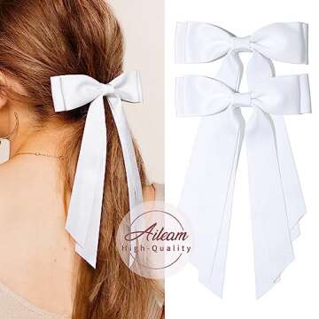 Aileam 2PCS Silky Satin Hair Bows Hair Clip White Hair Ribbon Ponytail Holder Accessories Slides Metal Clips Hair Bow for Women Girls Toddlers Teens Kids