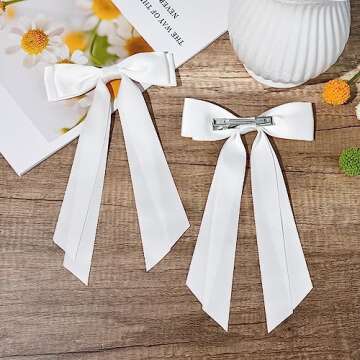 Aileam 2PCS Silky Satin Hair Bows Hair Clip White Hair Ribbon Ponytail Holder Accessories Slides Metal Clips Hair Bow for Women Girls Toddlers Teens Kids