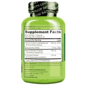 NATURELO Immune Support – Vitamin C, Elderberry, Zinc, Echinacea – Natural Immunity Boost w/Antioxidant, Herbal & Mineral Defense - 60 Vegan Capsules