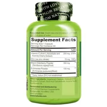 NATURELO Immune Support – Vitamin C, Elderberry, Zinc, Echinacea – Natural Immunity Boost w/Antioxidant, Herbal & Mineral Defense - 60 Vegan Capsules