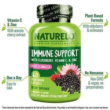 NATURELO Immune Support – Vitamin C, Elderberry, Zinc, Echinacea – Natural Immunity Boost w/Antioxidant, Herbal & Mineral Defense - 60 Vegan Capsules