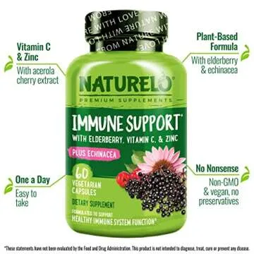 NATURELO Immune Support – Vitamin C, Elderberry, Zinc, Echinacea – Natural Immunity Boost w/Antioxidant, Herbal & Mineral Defense - 60 Vegan Capsules