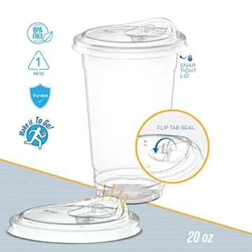 ELEGANT DISPOSABLES 20 oz. Clear Cups with Straw less Sip-Lids, PET Crystal Clear Disposable 20 oz Plastic Coffee Cups with Lids [50 Sets]
