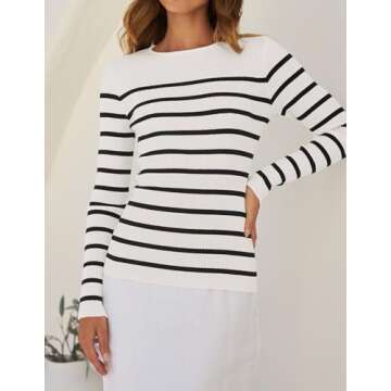 ZESICA Women's Long Sleeve Crewneck Striped Shirts Spring Ribbed Knit Sweater Slim Fitted Casual Basic Tee Tops,White,Large