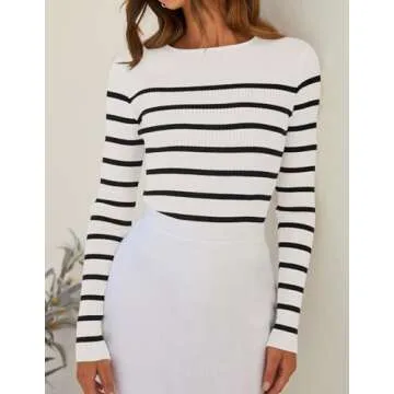 ZESICA Women's Long Sleeve Crewneck Striped Shirts Spring Ribbed Knit Sweater Slim Fitted Casual Basic Tee Tops,White,Large