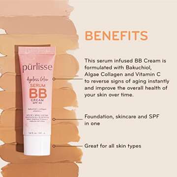 pūrlisse Ageless Glow Serum BB Cream SPF 40 : Clean & Cruelty-Free, Full & Flawless Coverage, Hydrates with Collagen | Deep 1.4oz