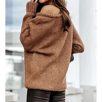 BTFBM Women Casual Long Sleeve Fall Sweaters Crew Neck Solid Color Soft Ribbed Knitted Oversized Pullover Loose Fit Jumper(Solid Brown, X-Large)