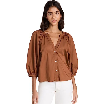 STAUD Women's New Dill Top - Elegant Tan with Puff Sleeves