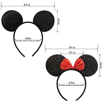 CHuangQi Mouse Ears Headband for Boys and Girls Birthday Party or Celebrations, Solid Black and Red Bow, Pack of 12