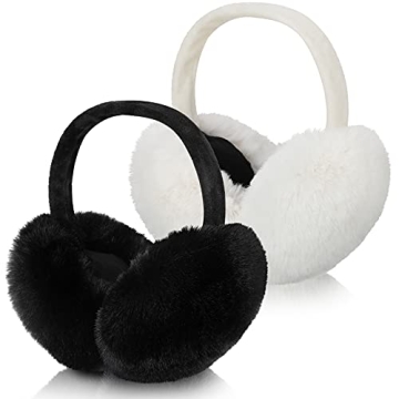 SATINIOR 2 Pieces Ear Muffs for Winter Women Fuzzy Faux Fur Ear Warmers Ear Cover Cute Foldable Outd...