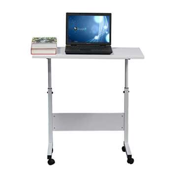 MTFY Rolling Sofa Side Snack Table Portable Laptop Computer Desk Stand with Wheels, Height Adjustable Breakfast TV Tray Bedside Coffee Table, Wood Desktop with Metal Frame (White 31.5" Lx15.7 W)