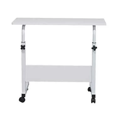MTFY Rolling Sofa Side Snack Table Portable Laptop Computer Desk Stand with Wheels, Height Adjustable Breakfast TV Tray Bedside Coffee Table, Wood Desktop with Metal Frame (White 31.5" Lx15.7 W)