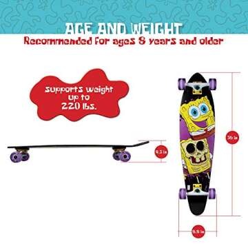 Kryptonics Spongebob 36" Complete Longboard Skateboard – Colorful Design for Kids, Great for Cruising & Tricks, Ideal for Spongebob Fans