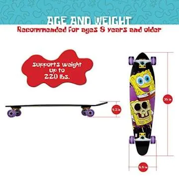 Kryptonics Spongebob 36" Complete Longboard Skateboard – Colorful Design for Kids, Great for Cruising & Tricks, Ideal for Spongebob Fans