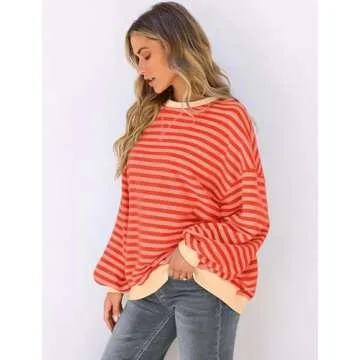 UEU Oversized Striped Sweatshirts for Women Long Sleeve Crewneck Workout Pullover Tops Orange Pink Striped Medium