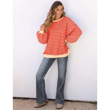UEU Oversized Striped Sweatshirts for Women Long Sleeve Crewneck Workout Pullover Tops Orange Pink Striped Medium