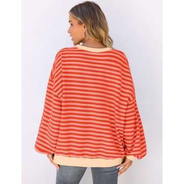 UEU Oversized Striped Sweatshirts for Women Long Sleeve Crewneck Workout Pullover Tops Orange Pink Striped Medium