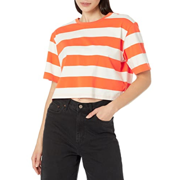 The Drop Women's Sydney Short-Sleeve Cropped Crew Neck T-Shirt in Fire Orange/Whisper White Stripe