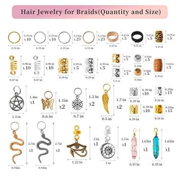 200pcs Hair Beads Jewelry, Dreadlocks Gem Crystal Charms, Metal Coils Rings, Gold And Silver Pendants,Braid Cuffs,Clips,Loc Tube Bead Braid Accessories for Braids Decoration