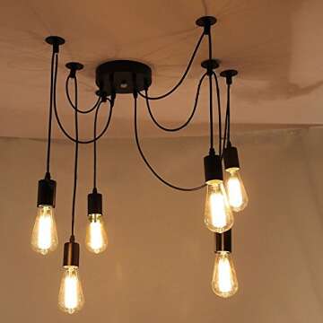 LemonBest 6 Head E27 Vintage DIY Ceiling Chandelier Light Fixtures Antique Adjustable Flush Mount Pendant Light Lamp