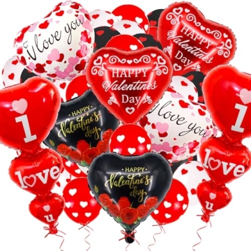 YGSEPCC 26 Pcs Heart Balloons Valentines Day Decorations, Happy Valentines Balloons, Red and Black I...