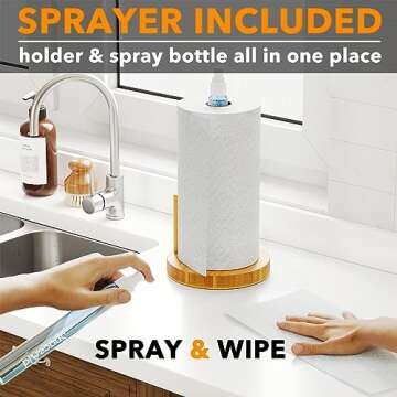 SpaceAid SprayNeat Paper Towel Holder with Spray Bottle, Countertop Paper Towels Holders Stand with Sprayer Inside Center, Under Cabinet Papertowels Roller for Kitchen and Bathroom (Black)