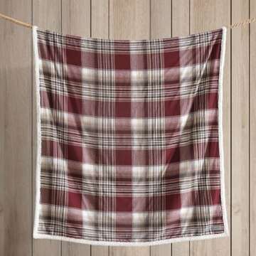 Eddie Bauer - Throw Blanket, Cotton Flannel Home Decor, All Season Reversible Sherpa Bedding (Twin Lakes Red, Throw)