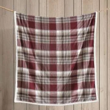 Eddie Bauer - Throw Blanket, Cotton Flannel Home Decor, All Season Reversible Sherpa Bedding (Twin Lakes Red, Throw)