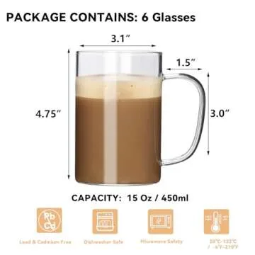 Trwcrt 15 oz Glass Coffee Mug Set of 6, Clear Coffee Mugs with Handle for Hot Beverages, Large Wide Mouth Glass Cup for Latte, Cappuccino, Hot Chocolate, Tea and Juice