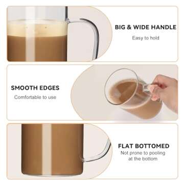 Trwcrt 15 oz Glass Coffee Mug Set of 6, Clear Coffee Mugs with Handle for Hot Beverages, Large Wide Mouth Glass Cup for Latte, Cappuccino, Hot Chocolate, Tea and Juice