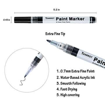 White Paint Pen, 8 Pack 0.7mm Acrylic Paint Pens with 2 White 2 Black 2 Gold 2 Silver Paint Pen Permanent Marker for Wood Rock Fabric Metal Plastic Ceramic Acrylic Paint Markers Extra Fine Tip