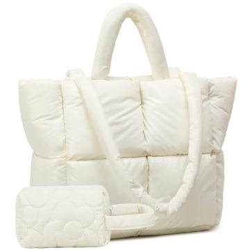 Stylish Beige Puffer Tote Bag - Lightweight, Quilted Purse for Women