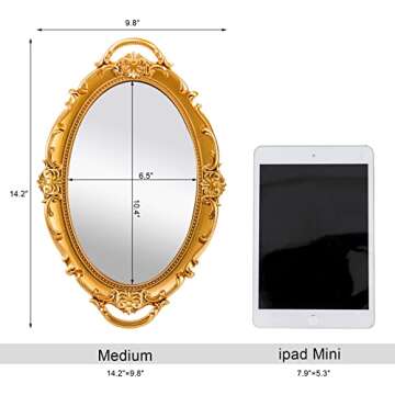 Dicunoy 3 PCS Gold Mirror Tray, Gold Perfume Trays for Vanity, Vintage Decorative Carved Ornate Dresser Serving Tray for Jewelry, Bathroom, Table, Bedroom, Living Room Organizer, 10" W x 14.2" L