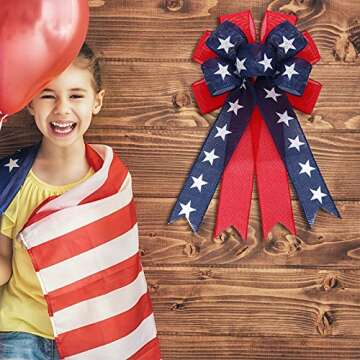 Cindeer 2 Pieces Patriotic Wreath Bow Independence Day Red White and Blue Star Burlap Topper Bows Large Independence Day Decorative Topper Bow Star Burlap Large Bows for 4th of July Party